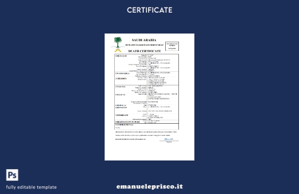 Modello Word e PDF del certificato di morte dell'Arabia Saudita in stile verific